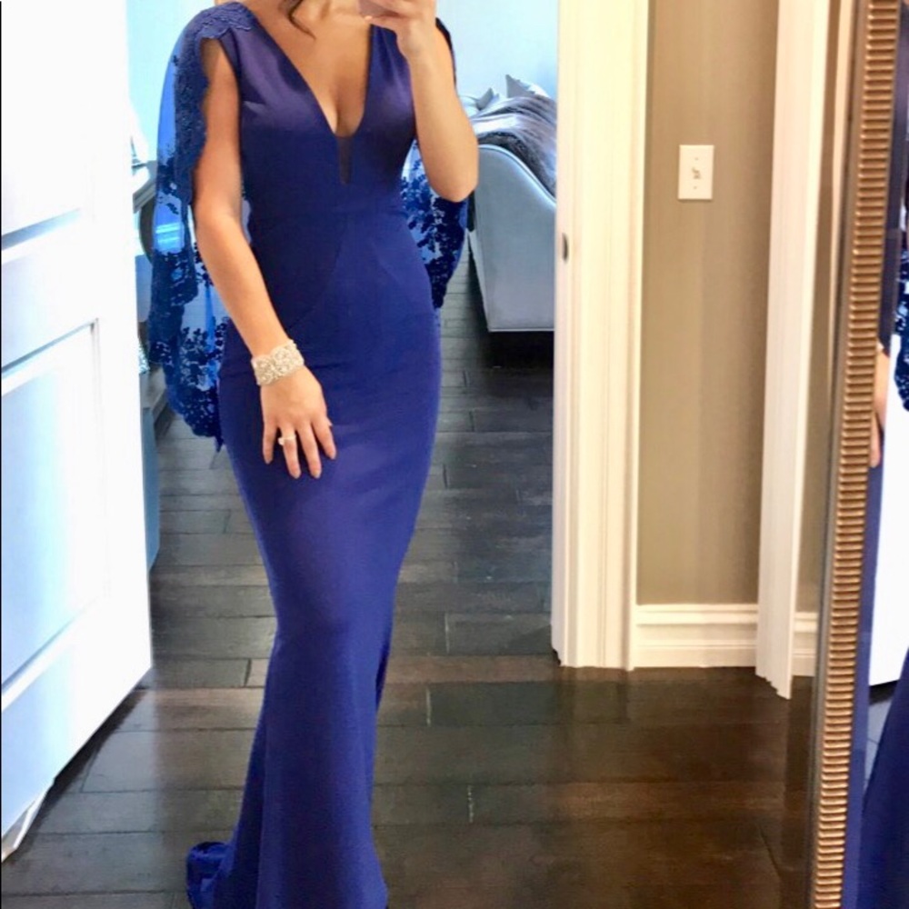 Royal Blue Lace Cape Gown HOMECOMING